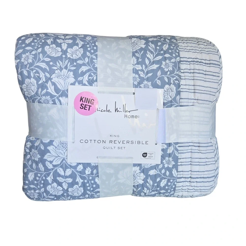 Nicole Miller Home Cotton King Quilt Set 3pc Reversible Floral Stripe Blue White